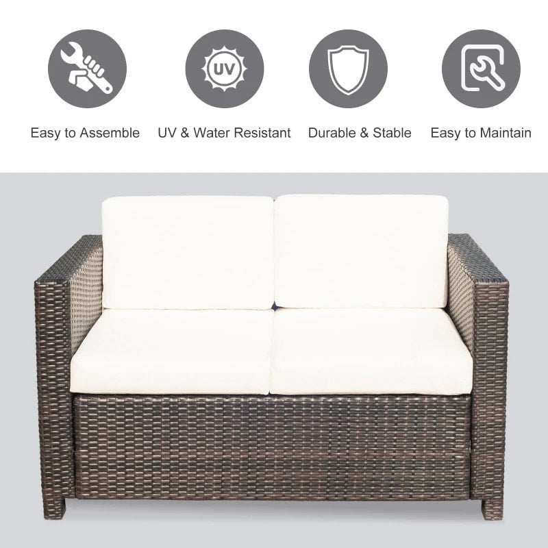 PE Rattan Wicker Loveseat Sofa Bench w Cushions, Outdoor Patio Deck, Dark Brown, Cream White