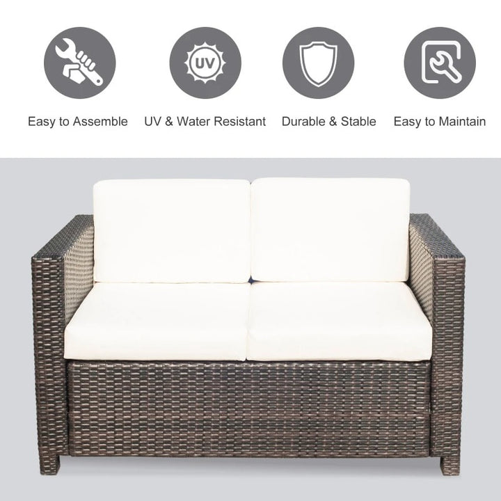 PE Rattan Wicker Loveseat Sofa Bench w Cushions, Outdoor Patio Deck, Dark Brown, Cream White