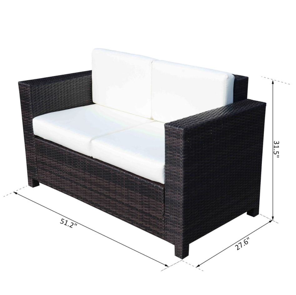 PE Rattan Wicker Loveseat Sofa Bench w Cushions, Outdoor Patio Deck, Dark Brown, Cream White